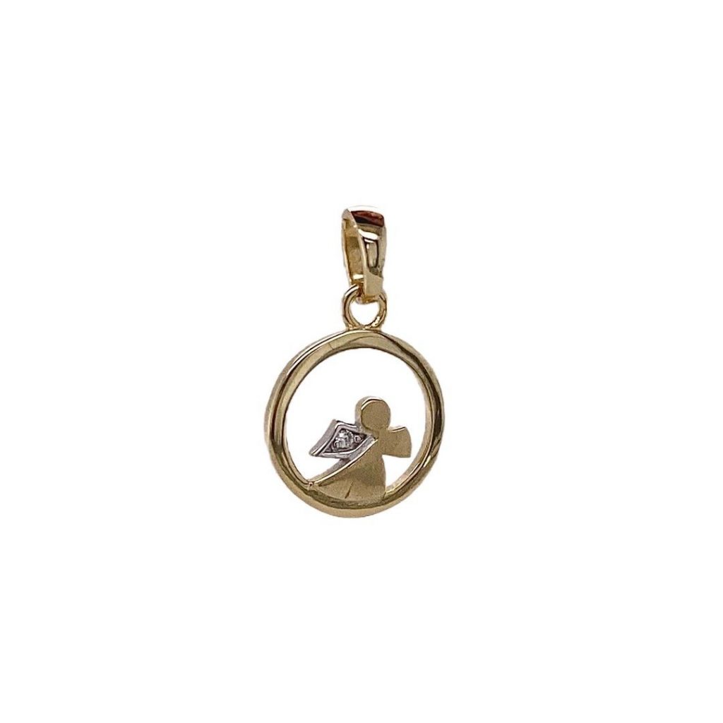 Schutzengelanhänger aus 585 Gelbgold ausgeschnitten mit Zirkonia Taufschmuck Taufanhänger Produktfoto auf weißem Hintergrund 16304