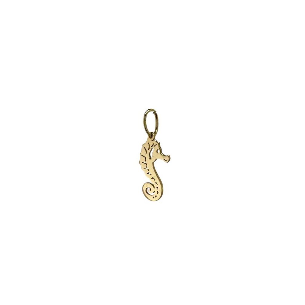 Seepferdchen Bettelanhänger aus 585 Gelbgold – Gold Charm für ein Bettelarmband. Produktfoto auf weißem Hintergrund, Artikelnummer 16409
